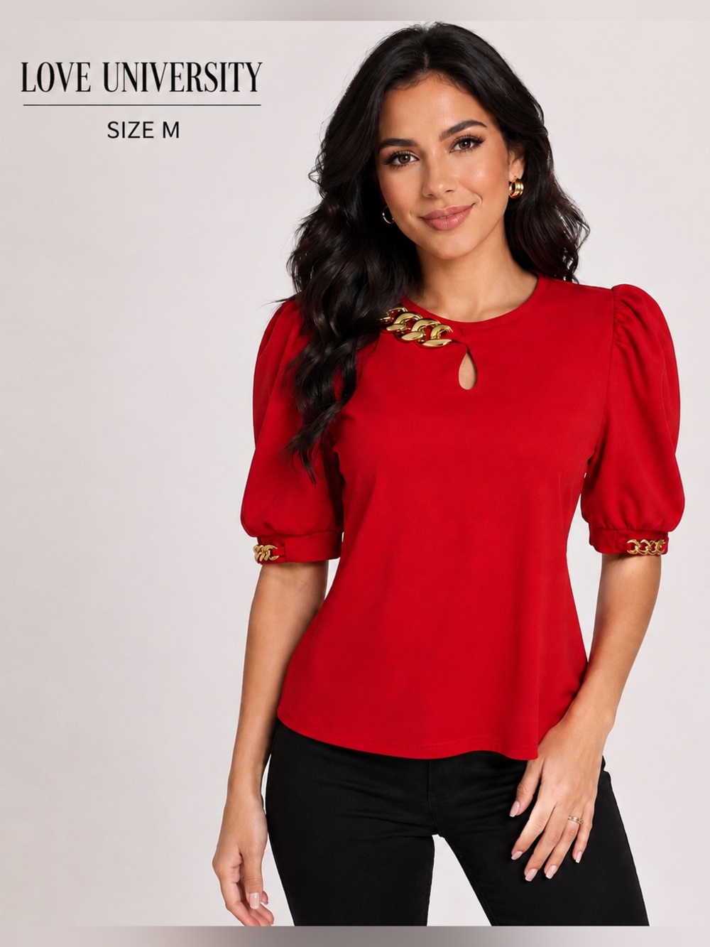 Love University Red Puff Sleeve Chain Accent dressy feminine  Blouse Size M